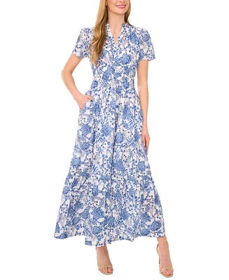 CeCe Women's Floral V-Neck Short-Sleeve Maxi Dress