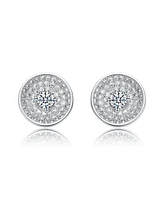 White Gold Plated with Clear Cubic Zirconia Multi-Row Concentric Halo Cluster Stud Earrings