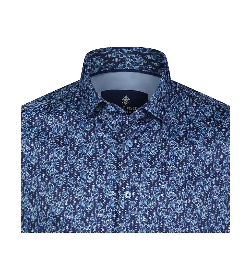 Luchiano Visconti Men's Multi Blue Skull Print shirt