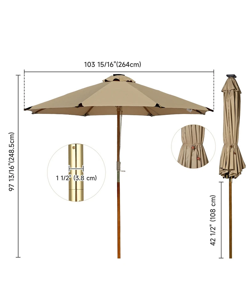 LAGarden Boho 32 Led 9Ft Wood Market Patio Umbrella with Solar Lights for Bar Hotel Resort Alfresco Dining Rooftop Restauran Mocha