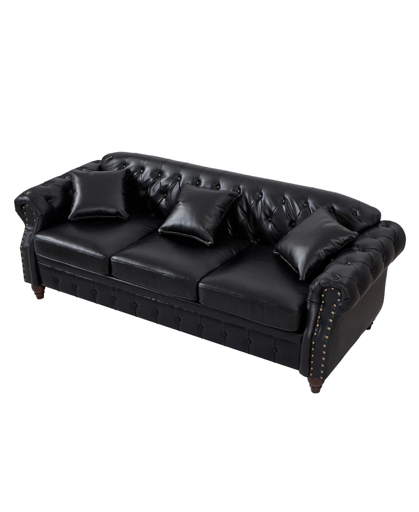 85.8" Chesterfield Sofa - Tufted Faux Leather - Black