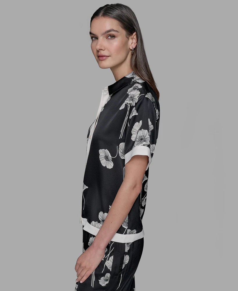 Karl Lagerfeld Paris Petite Short-Sleeve Multi-Print Camp Shirt