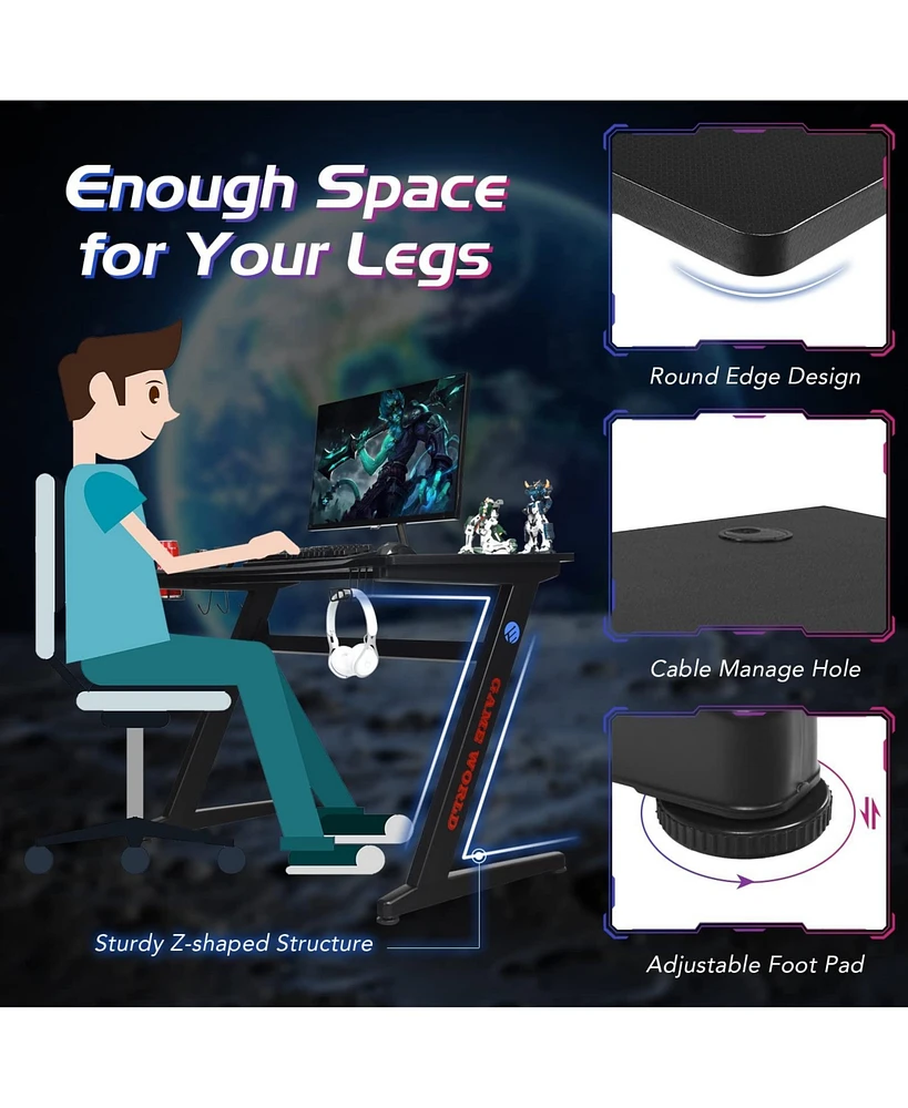 45.5 Gaming Desk, Z Shaped Racing Game Table with Carbon Fiber Surface, Mouse Mat, Headphone Hook, Cup Holder, Game Handle Rack, Ergonomic Home Office