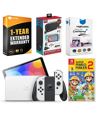 Nintendo Switch White Oled Console with Mario Maker 2, Surge Accessory Gaming Kit, MightySkins Console and Controller Skin Voucher