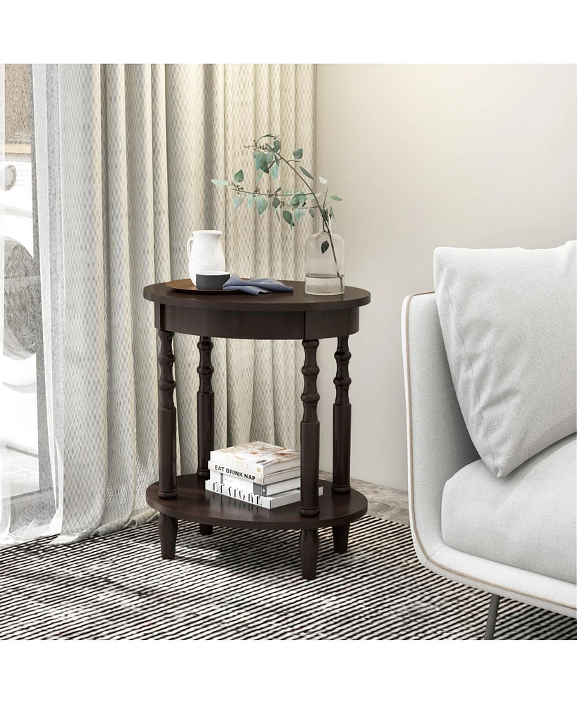 2-Tier Oval Side Table with Storage Shelf and Solid Wood Legs
