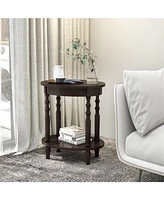 2-Tier Oval Side Table with Storage Shelf and Solid Wood Legs