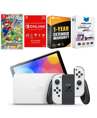Nintendo Switch White Oled Console with Mario Party Superstars, Nso 12 Month Family Membership, MightySkins Console and Controller Skin Voucher