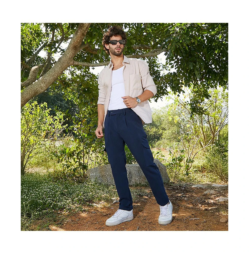 Campus Sutra Men's Indigo Blue Utility Pleated Trousers