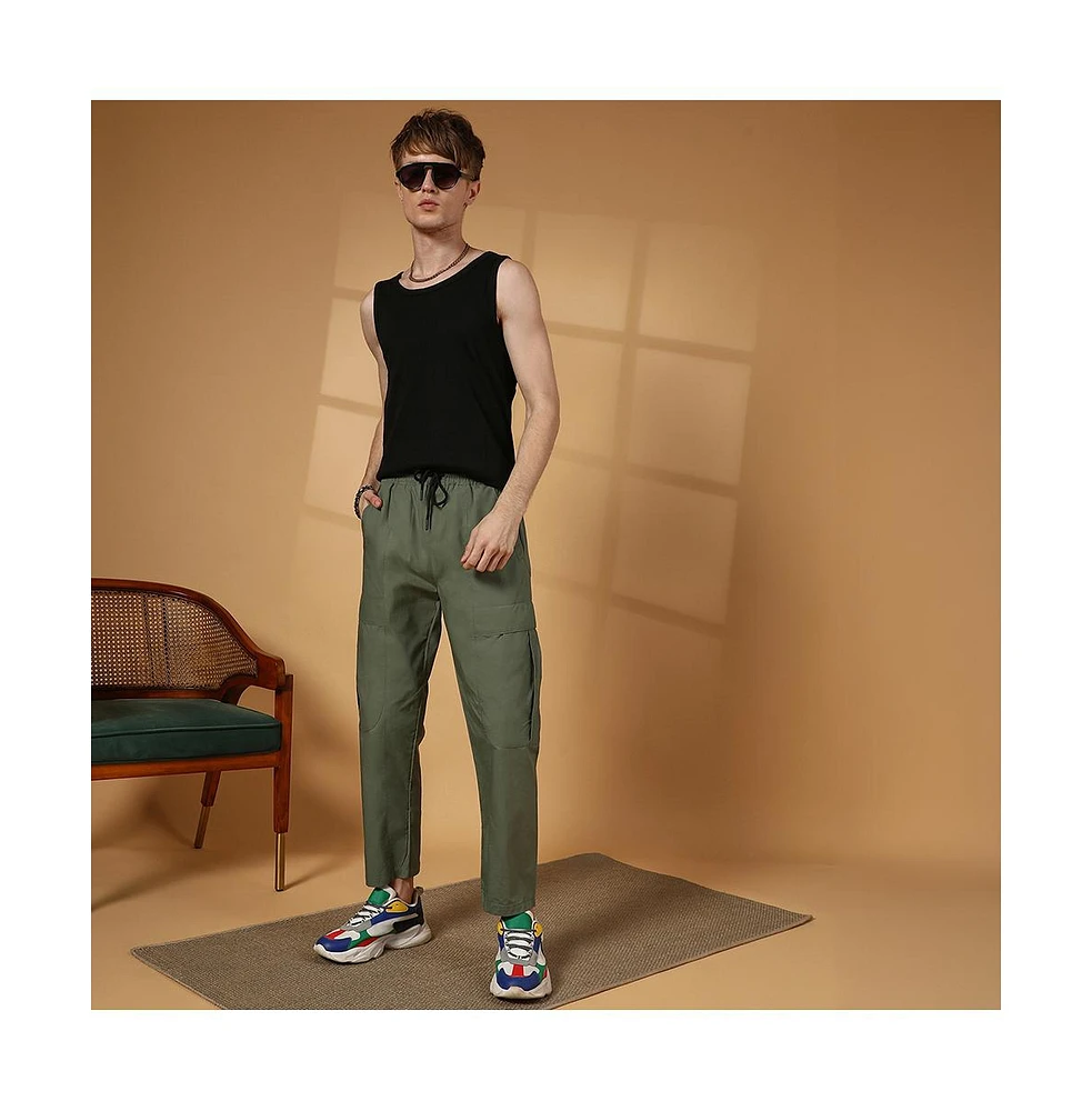 Campus Sutra Men's Olive Green Solid Utility Trousers