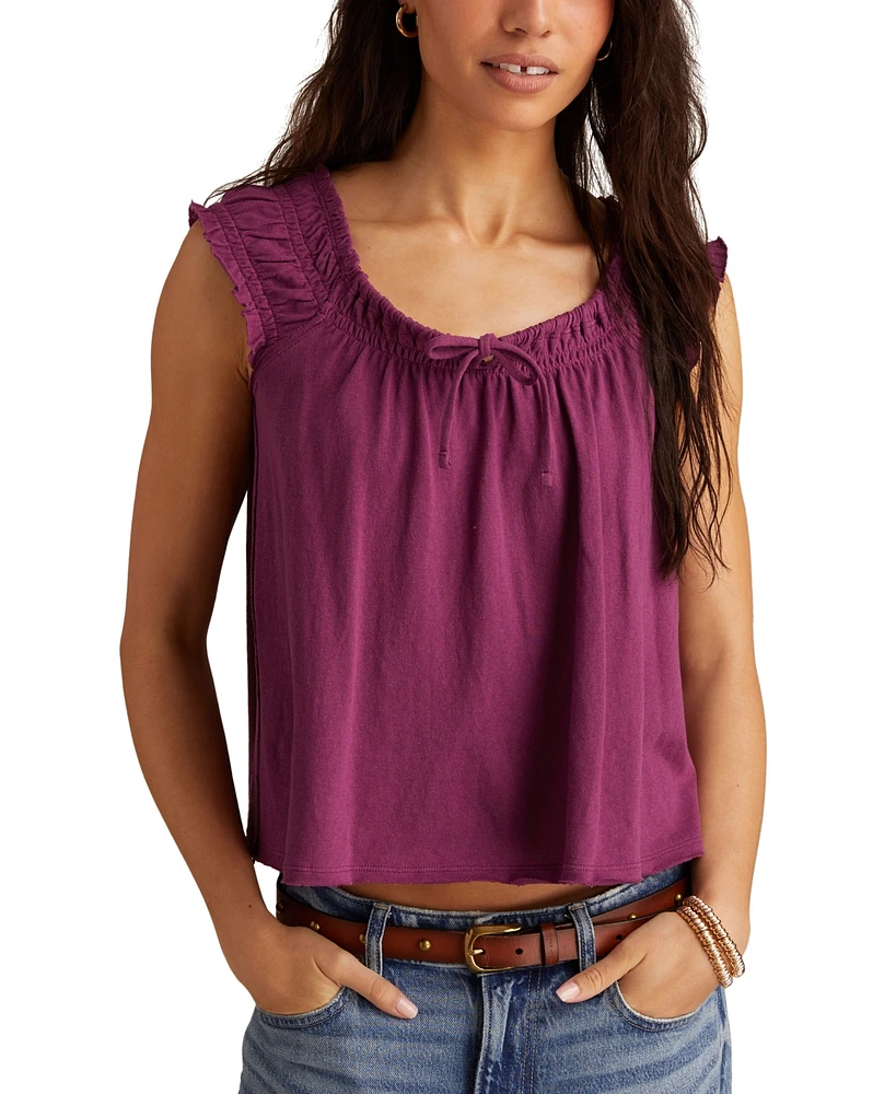 Lucky Brand Women's Cotton Smocked Tie-Neck Sleeveless Top