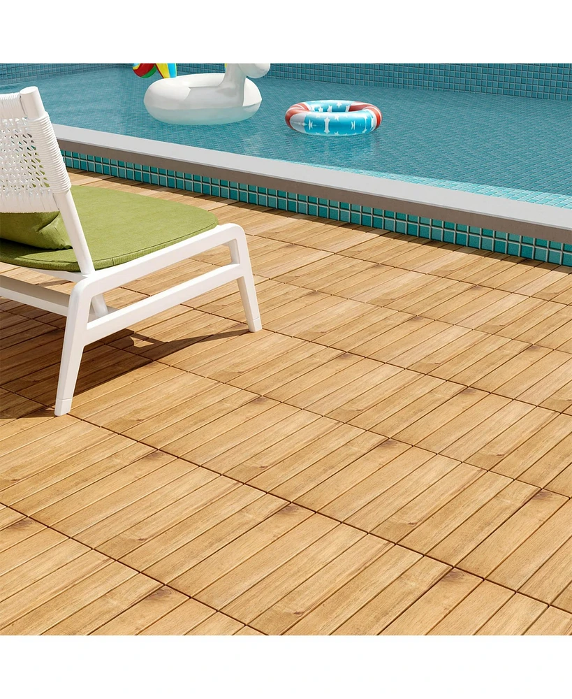 Costway 30 Pcs Acacia Wood Flooring Tiles 12" x 12" Snap-in-place Patio Tiles for Porch