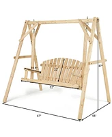 Gymax Wooden Porch Swing Outdoor Patio Rustic Torched Log Curved Back Bench A-Frame