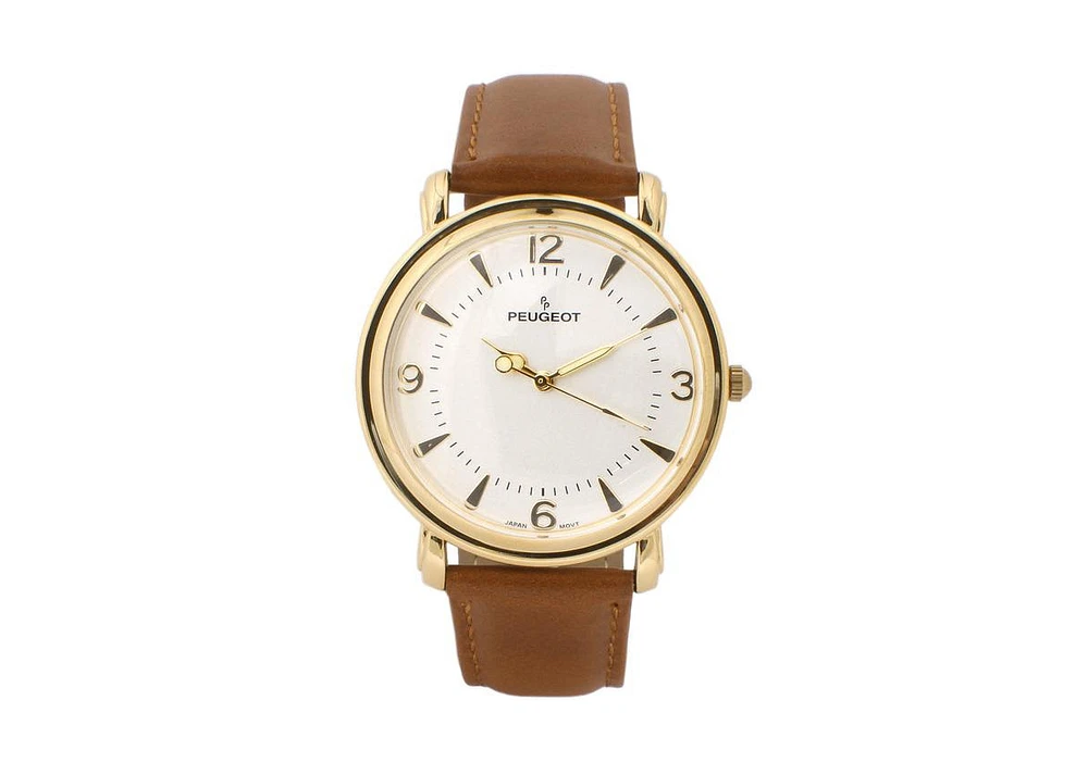 Peugeot Men 38mm Gold Retro Design Calf Skin Leather Strap watch