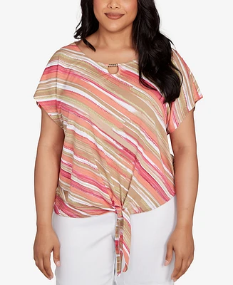 Hearts Of Palm Plus Printed Crinkle Tie Front Top