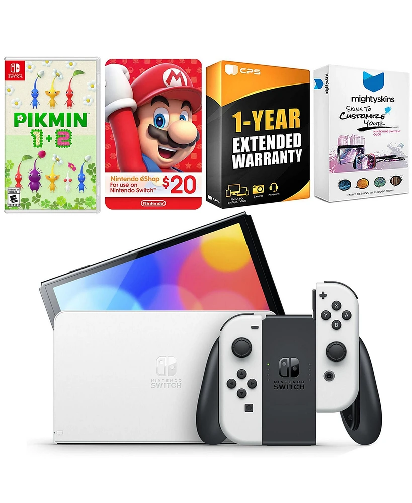 Nintendo Switch White Oled Console with Pikmin 1 + 2, Nintendo $20 eShop Gift Card, MightySkins Console and Controller Skin Voucher