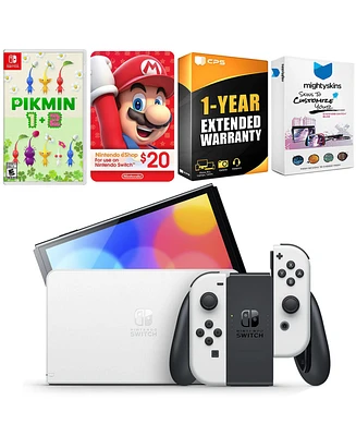 Nintendo Switch White Oled Console with Pikmin 1 + 2, Nintendo $20 eShop Gift Card, MightySkins Console and Controller Skin Voucher