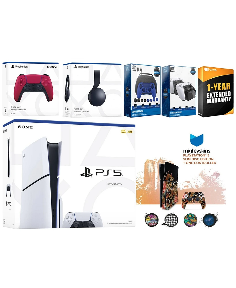 Sony Playstation 5 Slim Disc with Black Pulse Headset, Extra Volcanic Red Controller, Gamer Kit, Charge Dock and MightySkins Decal Voucher + 1 Year Cp
