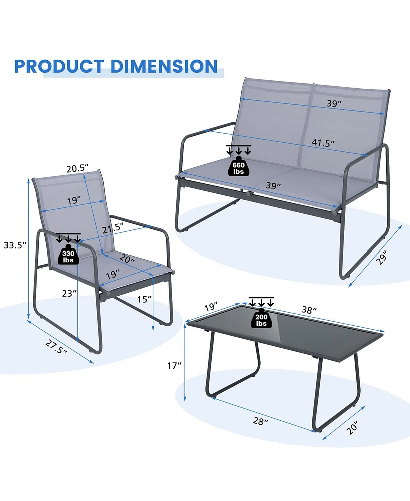 Gymax 4PCS Metal Outdoor Conversation Set Patio Furniture Set w/ Glass Table