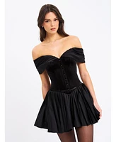 Miss Circle Women's Echo Black Velvet Off-shoulder Pleated Mini Dress