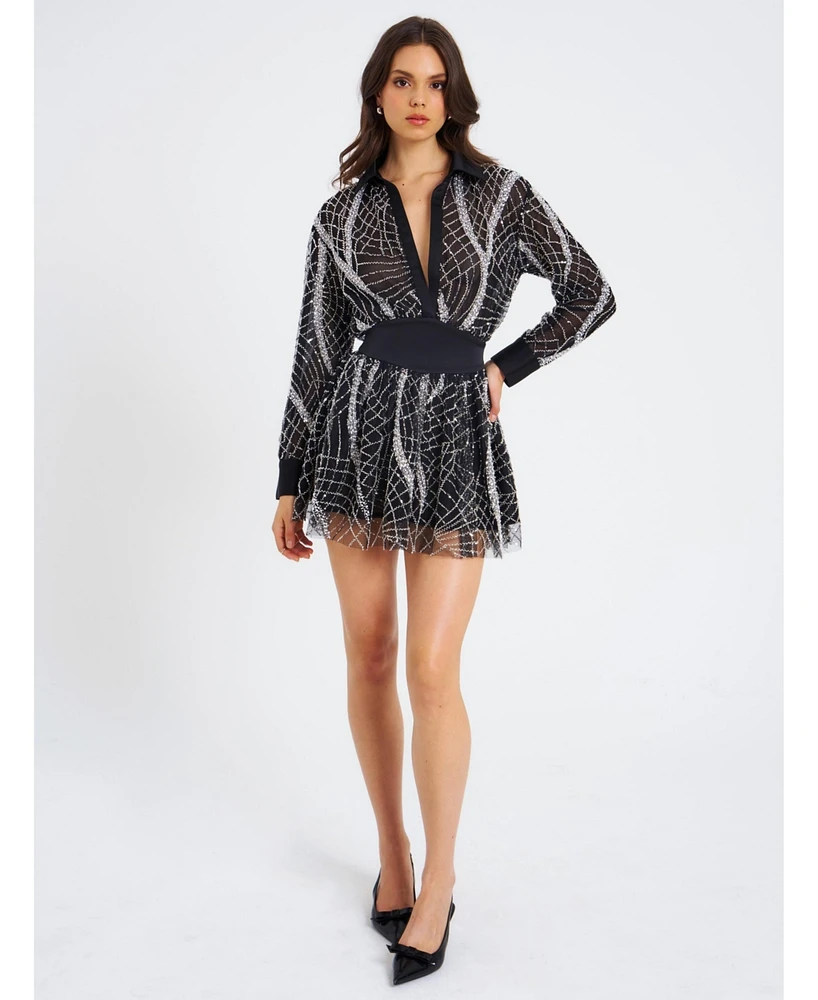 Miss Circle Women's Rachelle Black Embroidered Mesh Mini Shirt Dress