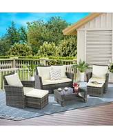 6 Piece Wicker Patio Furniture Set with Ottoman and Tempered Glass Coffee Table