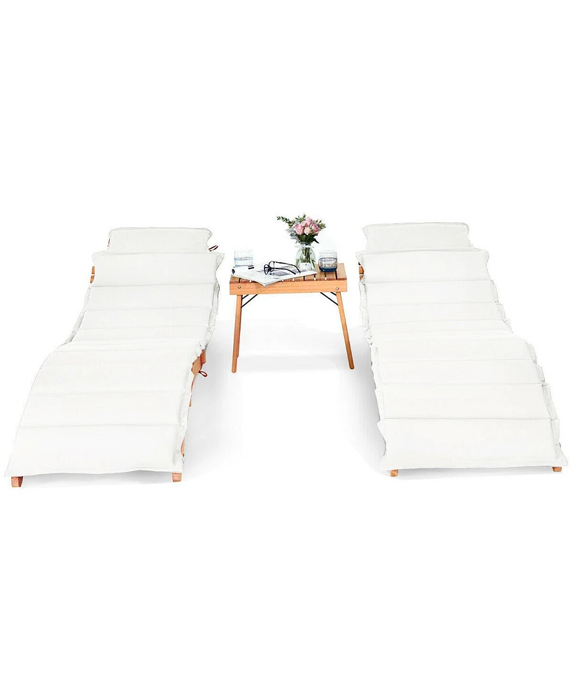 Gymax 3 Pcs Folding Eucalyptus Lounge Chair & Table Set w/ Double-sided Cushion