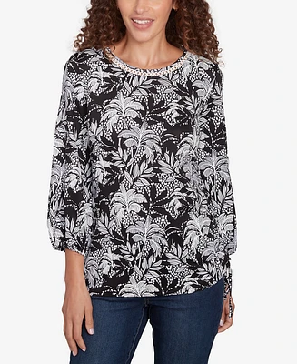 Ruby Rd. Petite Monotone Palms Puff Print Side Tie Top