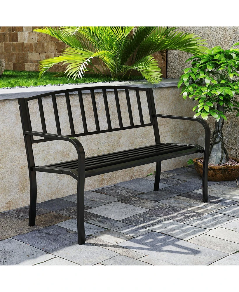 Outdoor Garden Bench with Slatted Backrest and Curved Armrests