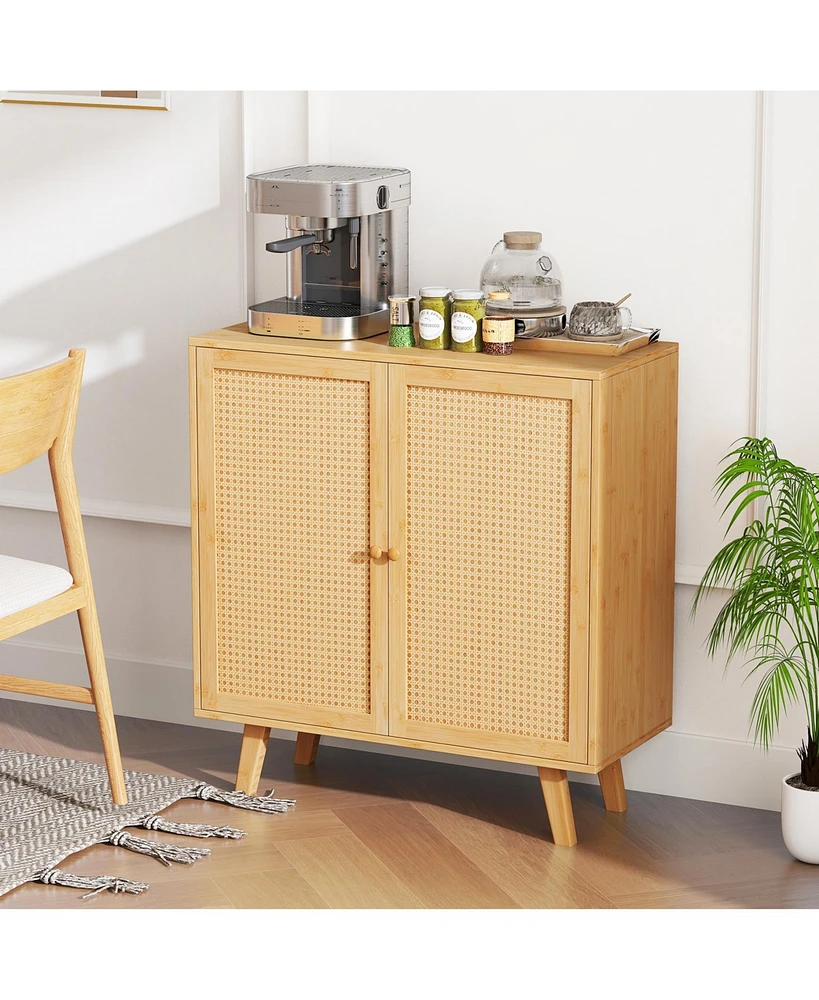 Wicker Buffet Storage Cabinet with Pe Rattan Doors and Freestanding Kitchen Cupboard