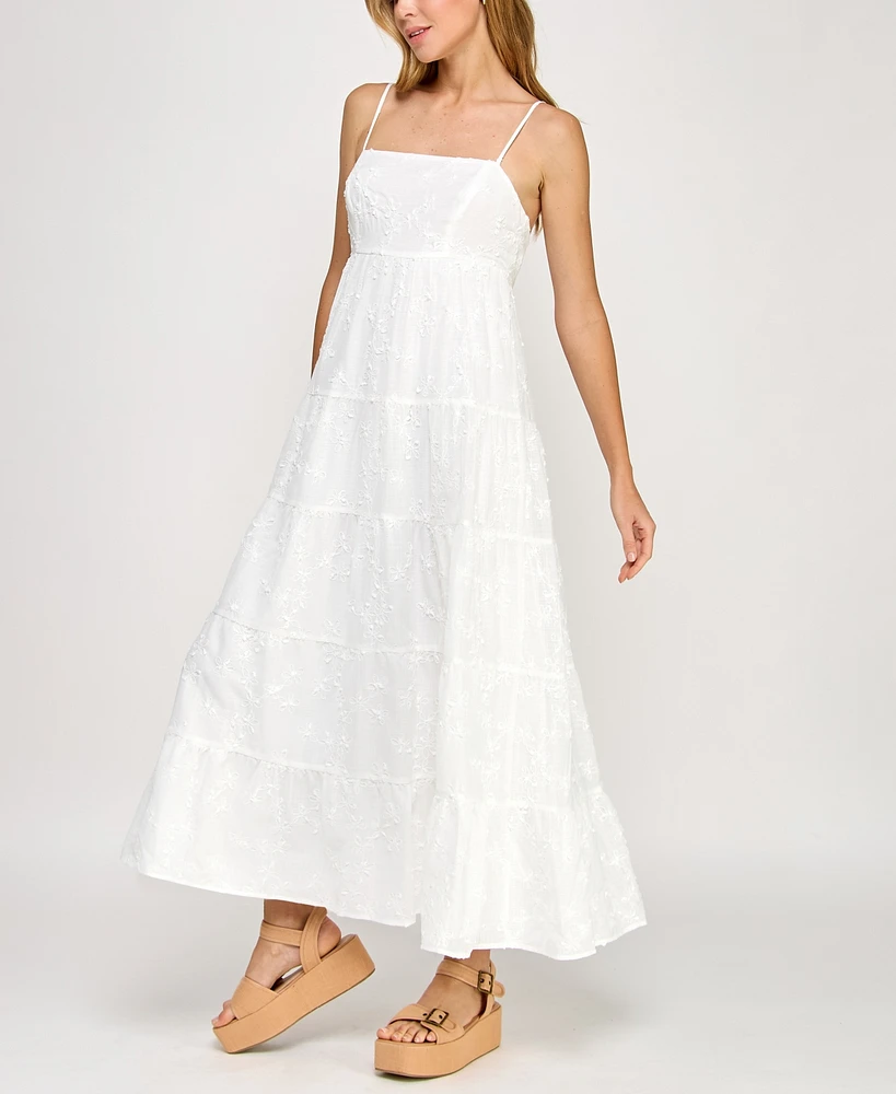 Crystal Doll Juniors' Woven Tie-Back Tiered Maxi Dress