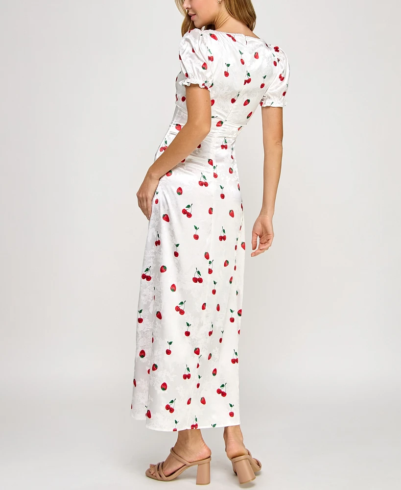 Crystal Doll Juniors' Printed Satin Puff-Sleeve Midi Dress