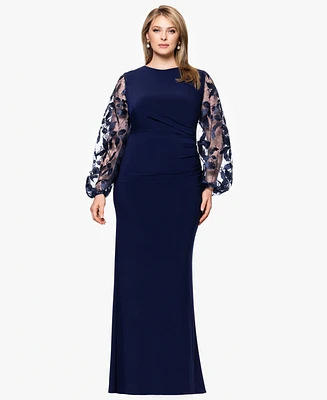Betsy & Adam Plus Embroidered Scuba Crepe Long Dress