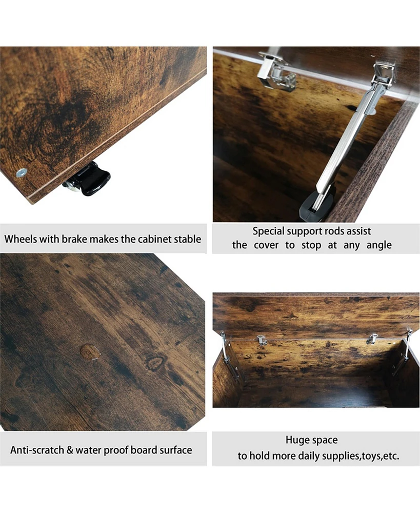 Storage Chest Trunk on Wheels with Brakes Storage Bench Supports 300 lb Wooden Entryway Bench, Shoe Bench, Movable, Safety Hinge, U-Shaped Opening