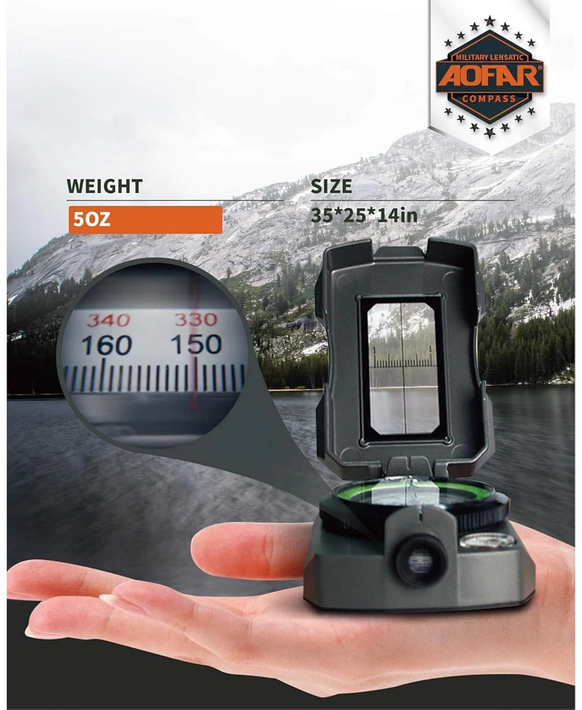 Aofar Af-4090 Lensatic Compass, Aluminum Alloy, Signal Mirror, Whistle, Fishing Hook for Hiking, Camping, Fishing, Boatin