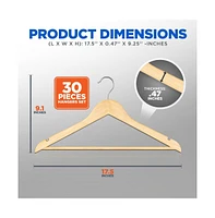 30 Pcs. of Solid Wooden Hangers for Clothes - Heavy Duty Suit Hanger Set with Chrome 360° Swivel Hook Hangers (Natural Color)