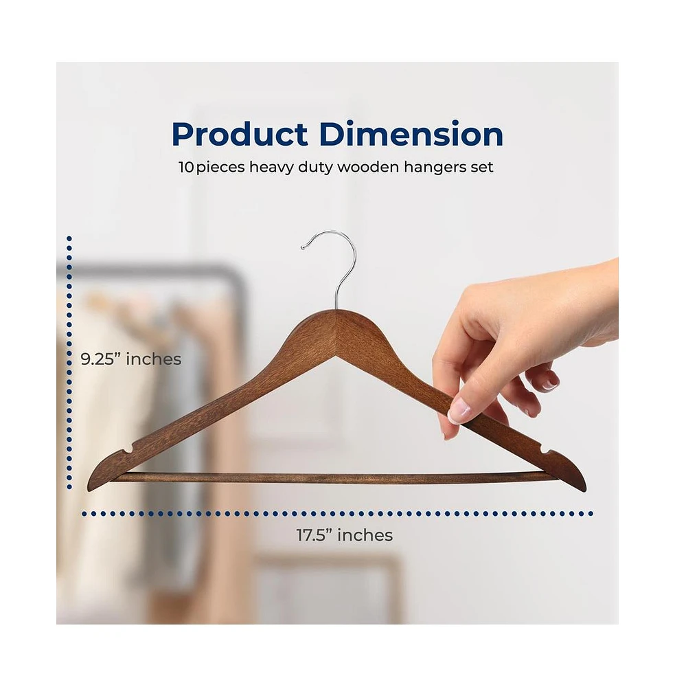 10 Pcs. Wooden Hangers - Non-Slip, Sturdy, and Heavy Duty Suit Hanger Set with Chrome 360° Swivel Hook (Vintage)