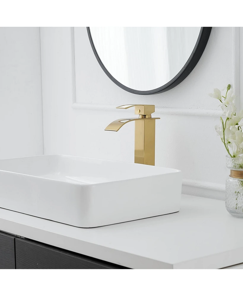 Greenspring Waterfall Single Hole Single Handle Modern Bathroom Vessel Sink Faucet With Metal Drain in Brushed Gold