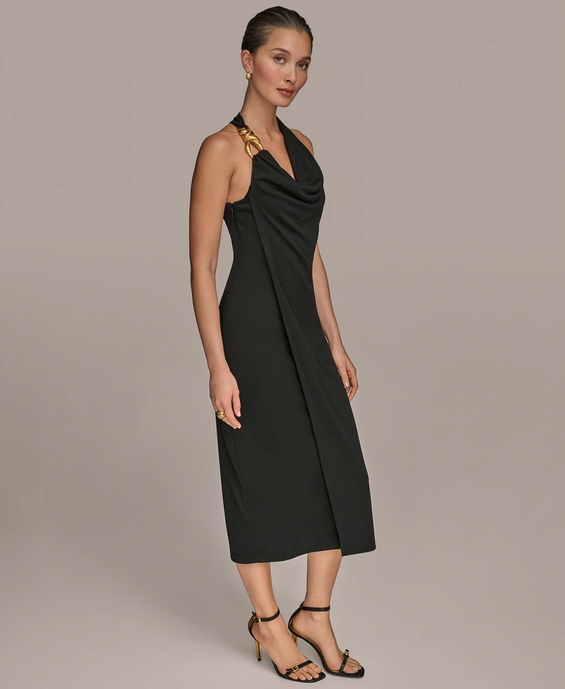 Donna Karan New York Women's Jersey Asymmetrical Cowl-Neck Hardware Dress