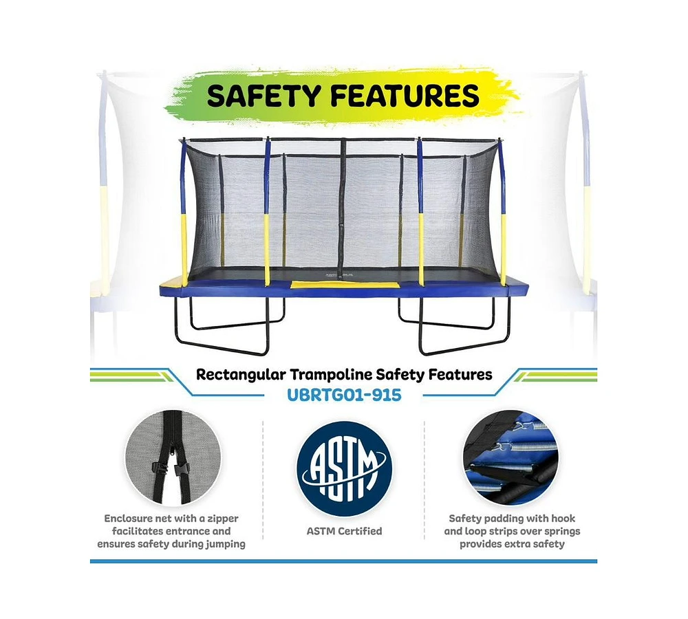 Plexalife 9' X 15' Gymnastics Style, Rectangular Trampoline Set with Premium Top-Ring Enclosure System