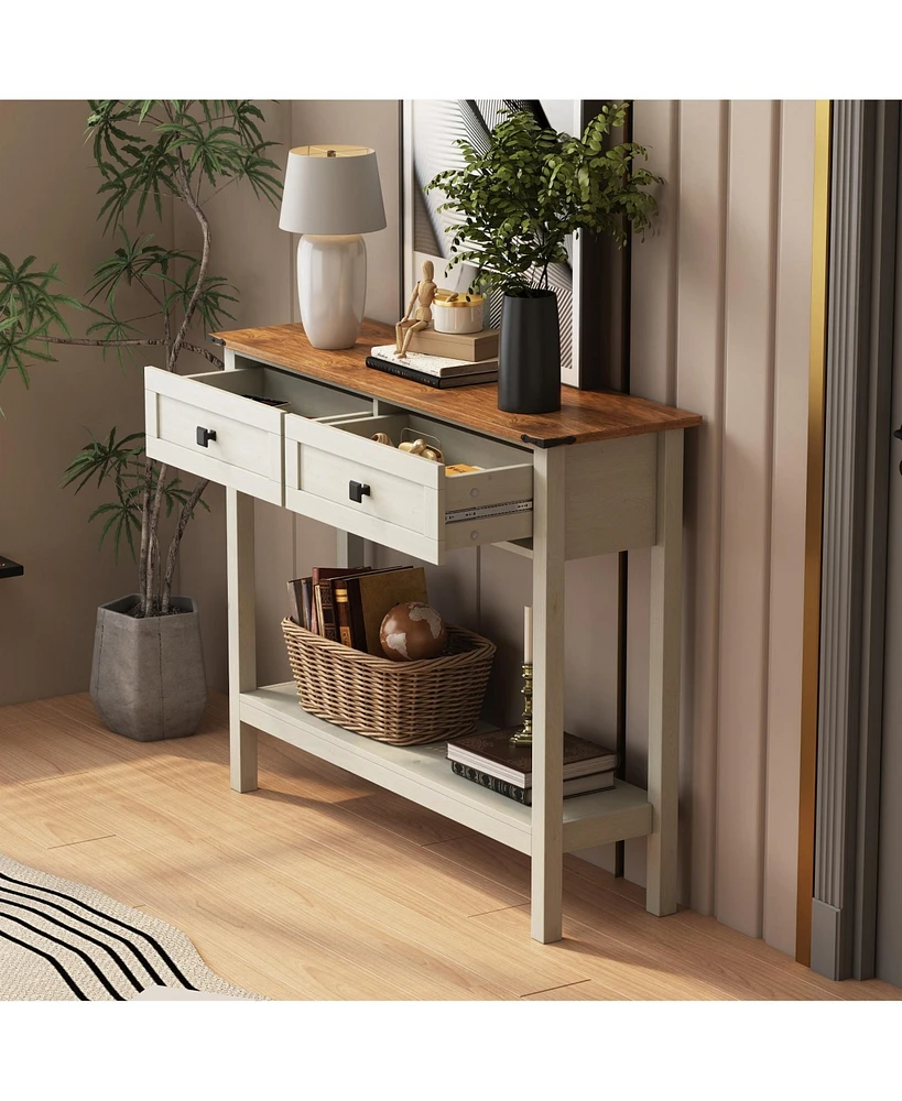 Farmhouse Style Console Table with 2 Drawer and Bottom Storage Shelf for Entryway, Rustic Side Table with Storage Drawer and Shelf for Living room, Ha