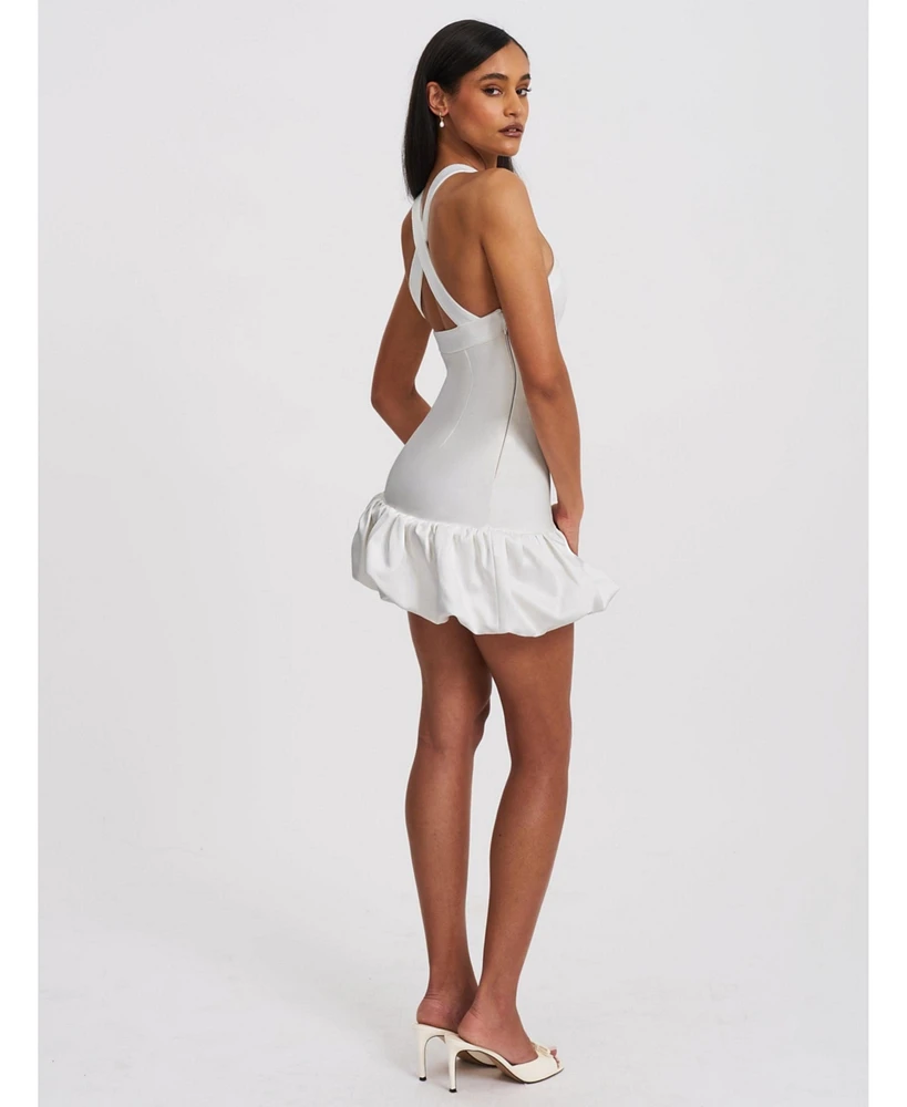 Miss Circle Women's Barbra White Cross Straps Bodycon Mini Dress with Bubble Hem