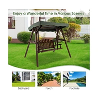 2-Person Outdoor Wooden Porch Swing with an Adjustable Canopy