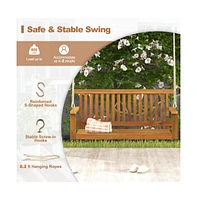 2-Seat Acacia Wood Porch Swing Bench with 2 Hanging Hemp Ropes