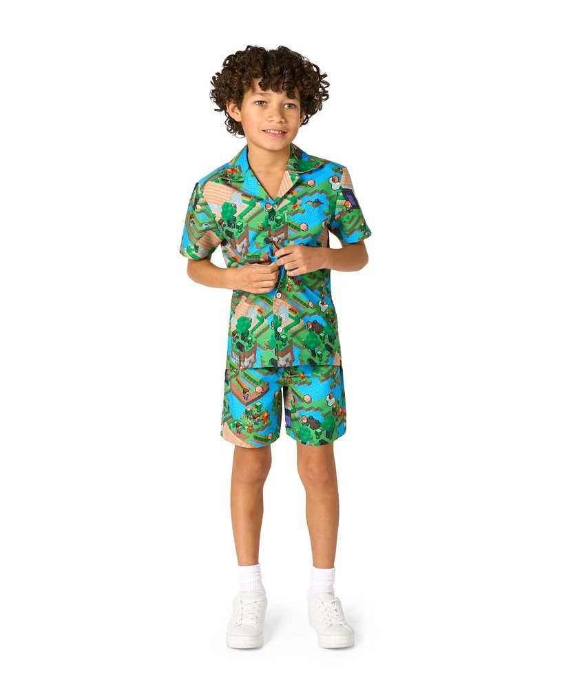 OppoSuits Big Boys 2-Piece Minecraft Summer Short Sleeve Shirt and Shorts Set