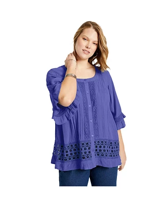 June + Vie Women's Lace-Trimmed Boho Blouse