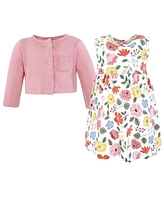 Hudson Baby Girls Cotton Dress and Cardigan Set, Mauve Modern Botanical, 12-18 Months