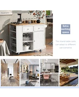 Casainc Kitchen Island with Drop Leaf, Power Outlet, Rubber Wood Top, Rack, Open Storage, Adjustable Shelves (No Stools)