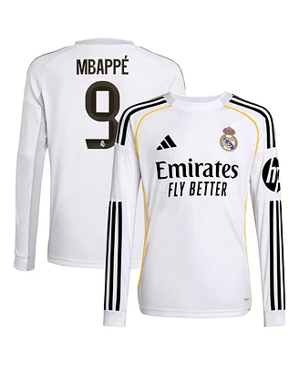 Adidas Big Boys and Girls Kylian Mbappe White Real Madrid 2025/26 Home Replica Long Sleeve Jersey