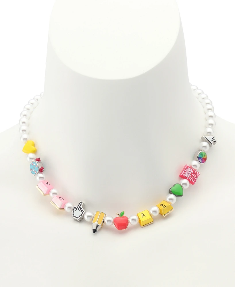 Betsey Johnson Faux Stone Straight Back to School Motif Cultivated Pearl Collar Necklace