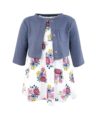Hudson Baby Girls Cotton Dress and Cardigan Set, Blush Navy Floral